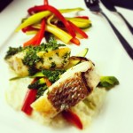 Herbed buttered red porgy with mashed cauliflower with lime and sautéed vegetables