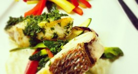 Herbed buttered red porgy with mashed cauliflower with lime and sautéed vegetables