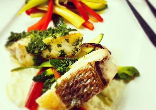 Herbed buttered red porgy with mashed cauliflower with lime and sautéed vegetables